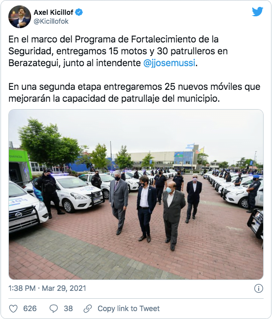 Tuit de Axel Kicillof sobre patrulleros en Berazategui