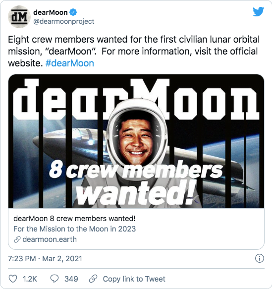 Tuit de Dear Moon sobre la convocatoria espacial
