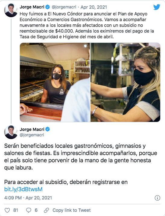 Tuit de Jorge Macri sobre beneficios a comercios