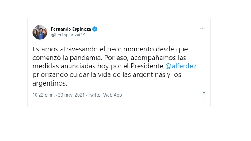 El intendente Fernando Espinoza y su postura respecto a las nuevas restricciones.