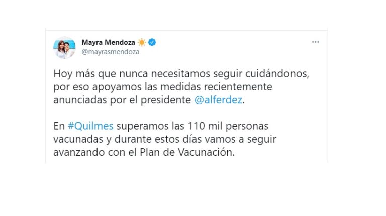Mayra Mendoza, jefa comunal de Quilmes, también manifestó su apoyo.