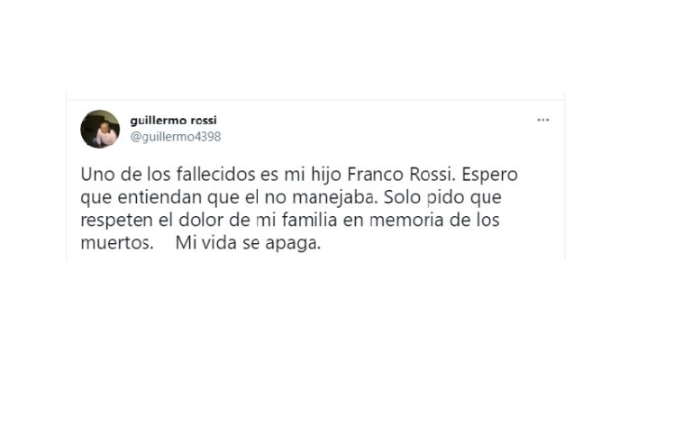 El tweet de Guillermo Rossi, expresando su dolor por el fallecimiento de su hijo.