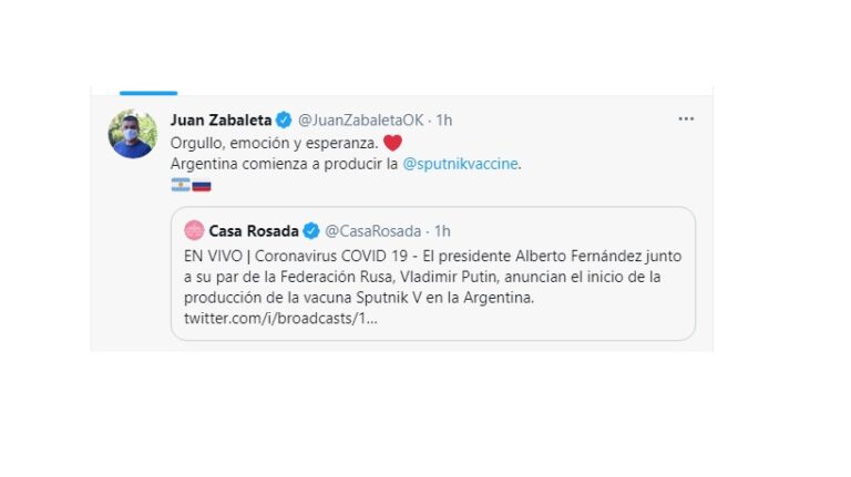 El tuit de Juan Zabaleta, muy cercano a Alberto Fernández.