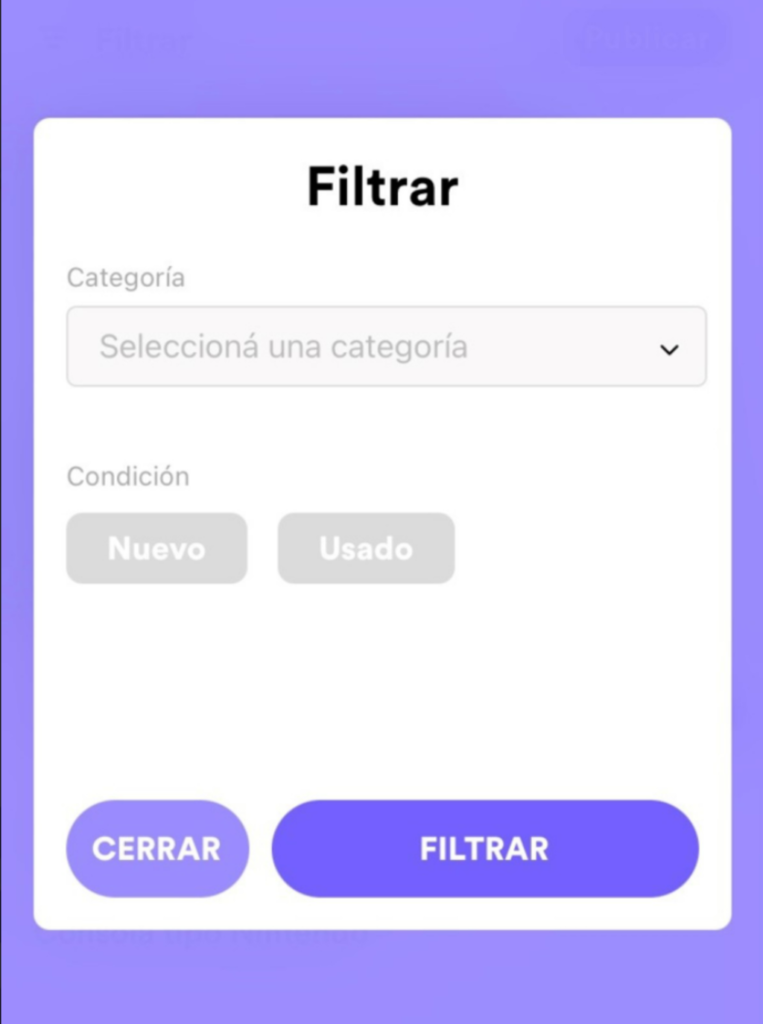 En la App se puede buscar por categorías y también por productos nuevos o usados.