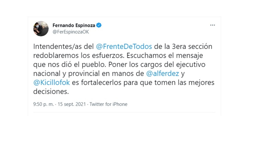 El Tweet del intendente de La Matanza, Fernando Espinoza. Todos los jefes comunales postearon lo mismo.
