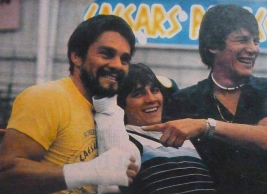Rocky con "Mano de Piedra" Durán y Carlos Monzón, en una foto que fue tapa de la revista El Gráfico.