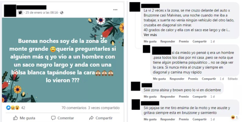 Los vecinos de Monte Grande debaten en Facebook la misteriosa presencia de la mujer de la bolsa.