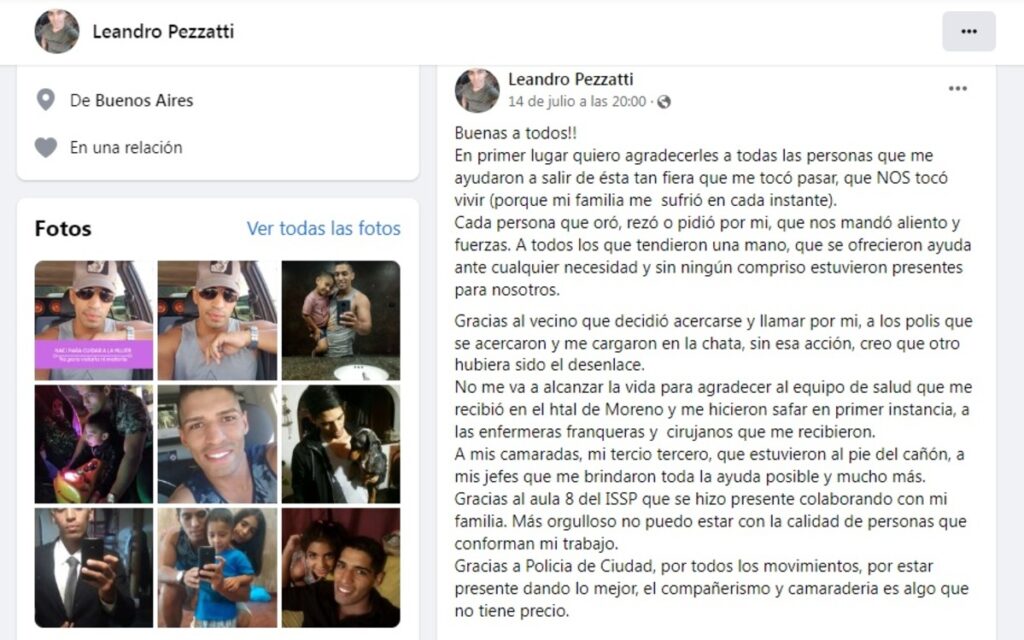 Leandro Pezzatti Policía Baleado Moreno Carta Facebook