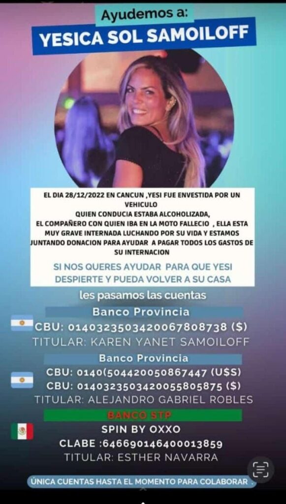 Yésica Sol Samoiloff sufrió un accidente en Cancún y necesita ayuda para pagar la internación
