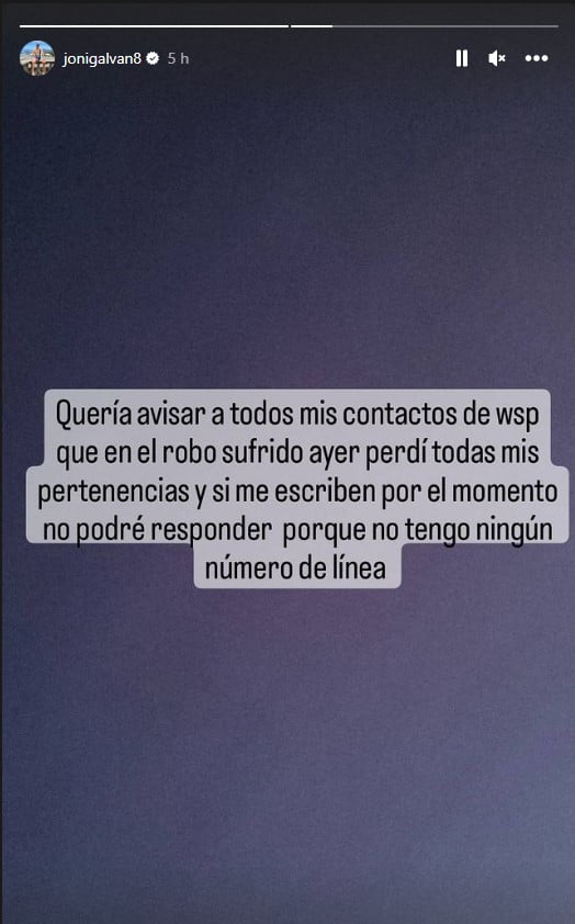 Jonathan Galván difundió un mensaje en Instagram tras ser asaltado en Lanús.