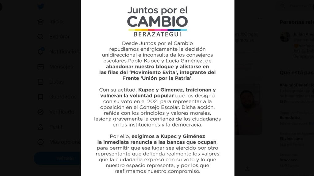 El comunicado de repudio efectuado por Juntos por el Cambio sobre la actitud de Pablo Kupec y Lucía Giménez.