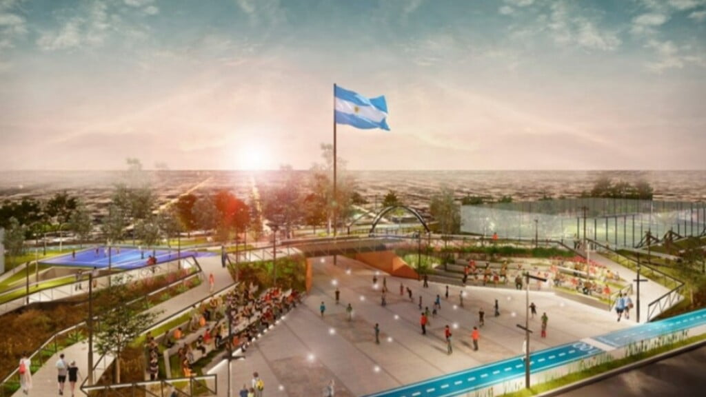Un render de cómo será el acceso principal de la futura Ciudad de los Deportes, en San Francisco Solano.