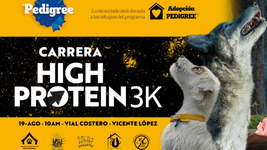 El afiche oficial de la carrera High Protein by Pedigree que se realizará el 19 de agosto en Vicente López.
