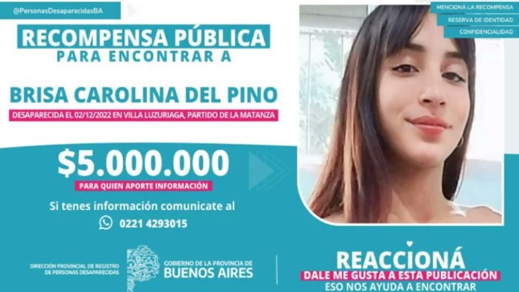 La Provincia de Buenos Aires ofrece $ 5.000.000 a quienes aporten datos certeros sobre el paradero de Brisa del Pino.