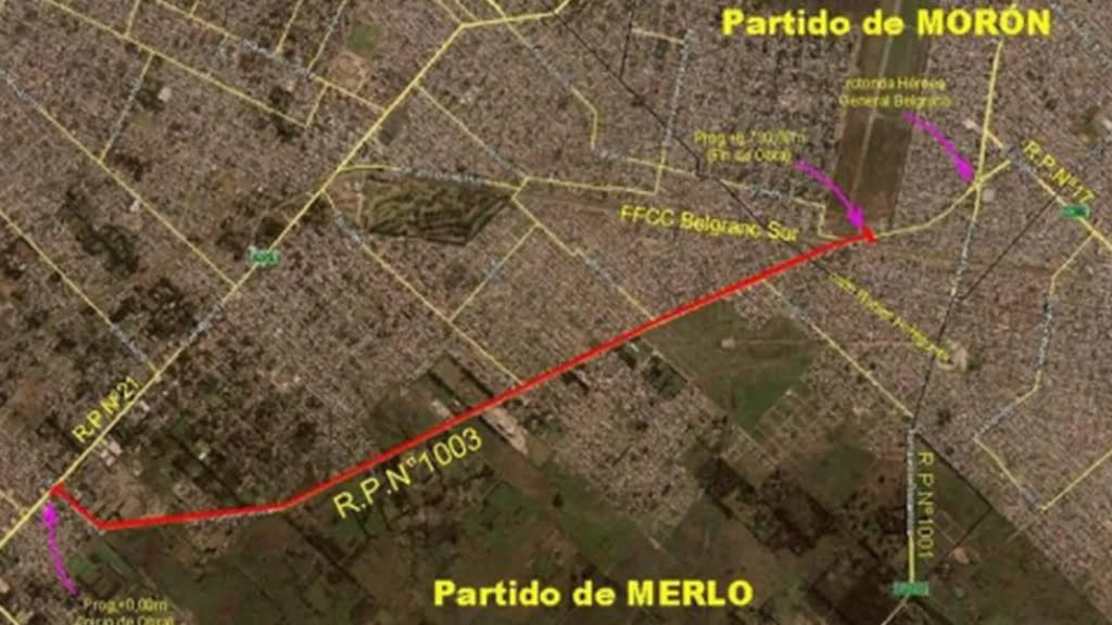 El tramo en el que trabajarán de la Ruta 1003, entre la estación de Merlo Gómez y la Ruta 21.