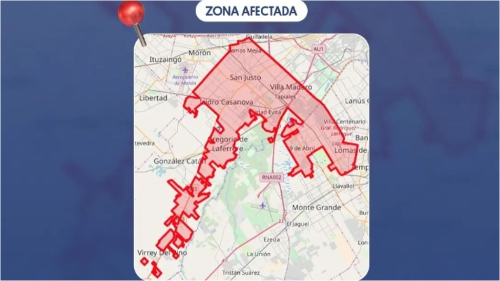 En el gráfico se ve la vasta zona de La Matanza en la que habrá un corte de agua masivo este domingo 21 de enero.