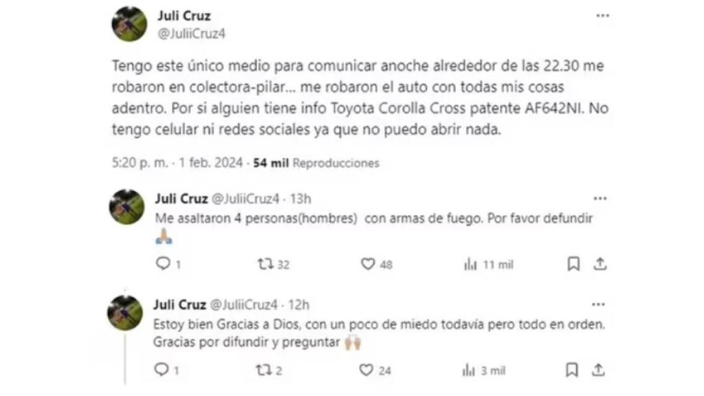 El tuit con el que Julieta Cruz dio a conocer el violento robo que le tocó vivir.