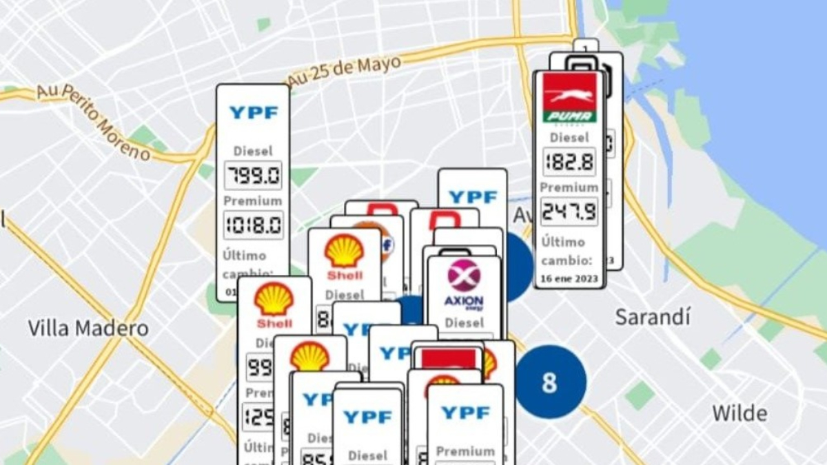 El mapa de la aplicacioón Donde cargAR muestra el detalle de las estaciones de servicio de cada localidad, con el aumento de cada una.