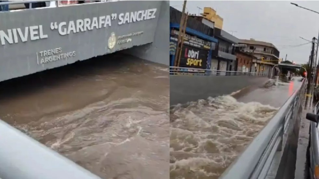El túnel Garrafa Sánchez, inaugurado en junio de 2023 en Laferrere, La Matanza, quedó totalmente inundado.