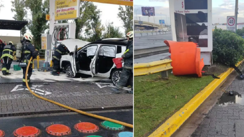 Así quedó la camioneta deTiago Palacios, luego de chocar en barios sectores de una estación de servicio Shell de la Autopista Illia.