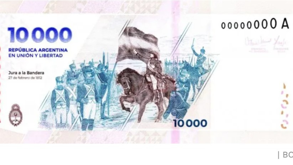 El reverso del nuevo billete de $ 10.000 tiene una recreación de Manuel Belgrano durante la primera jura de la bandera argentina.