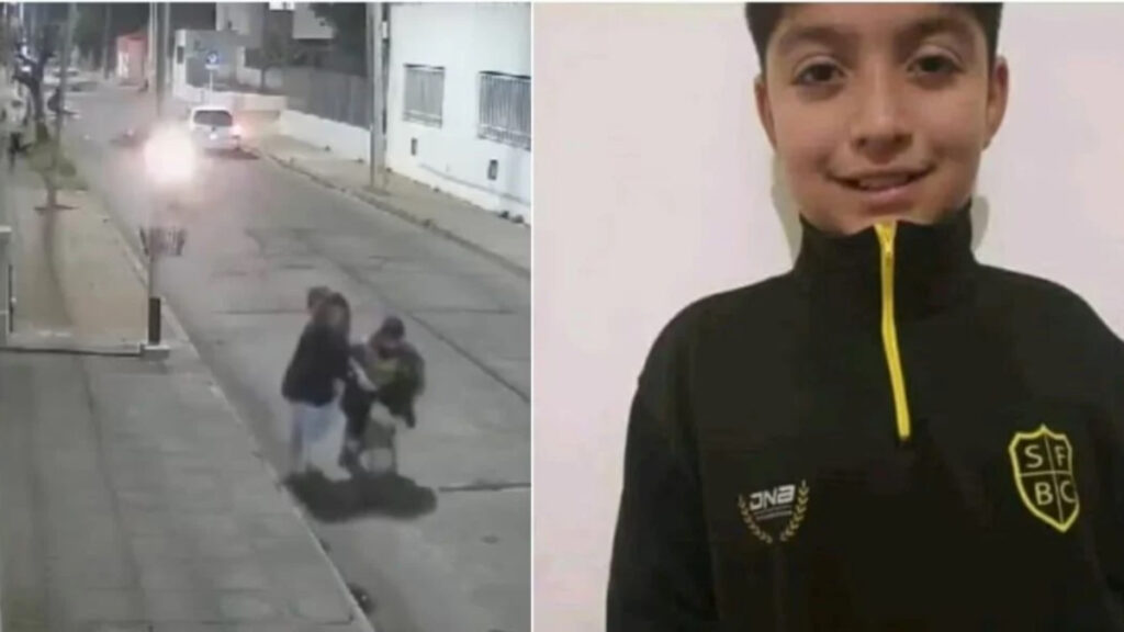 El momento en que la mamá de Bastian Escalante siente que viene de atrás una moto y empieza a correr en la calle Caxaraville, en Wilde..