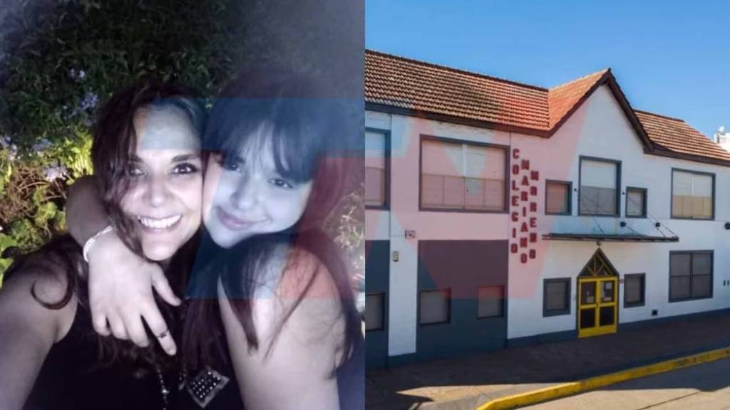 Laura Sánchez y su hija Ema Bondaruk, quien se suicidó tras la viralización de un video íntimo. Al lado de ellas, la imagen del Colegio Mariano Moreno, donde iba la adolescente.