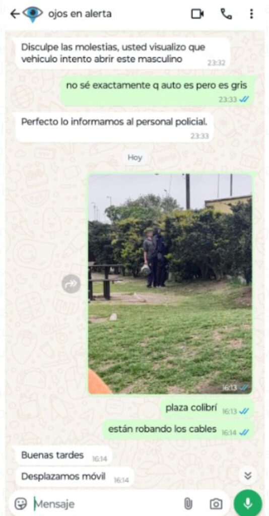 El chat de Ojos en Alerta, el programa de seguridad ciudadana de San Isidro.