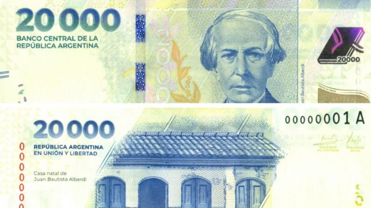 Frente y reverso del nuevo billete de $ 20.000, que empezará a circular mañana en el Conurbano bonaerense.