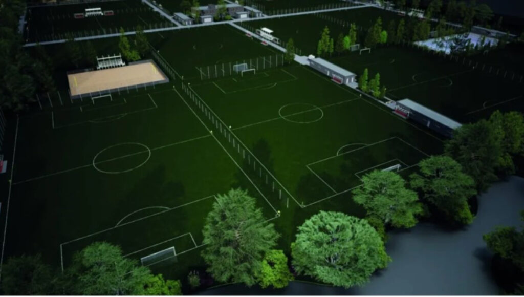 Las canchas principales del predio que el Deportivo Morón construye en la Base Aérea para sus inferiores y fútbol femenino.