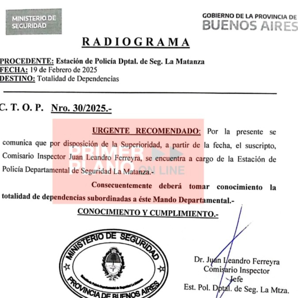 Seguridad de la Provincia de Buenos Aires removió de su cargo al comisario Roberto Urus, quien fue relevado de su cargo en la Jefatura distrital de La Matanza.