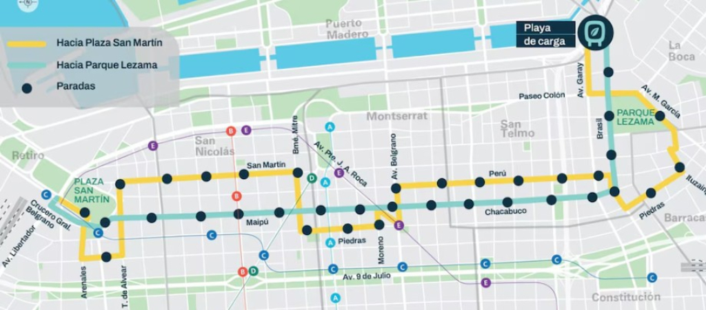 La nueva línea de colectivos eléctricos de CABA contará con 26 paradas en la zona del centro de la ciudad de Buenos Aires.