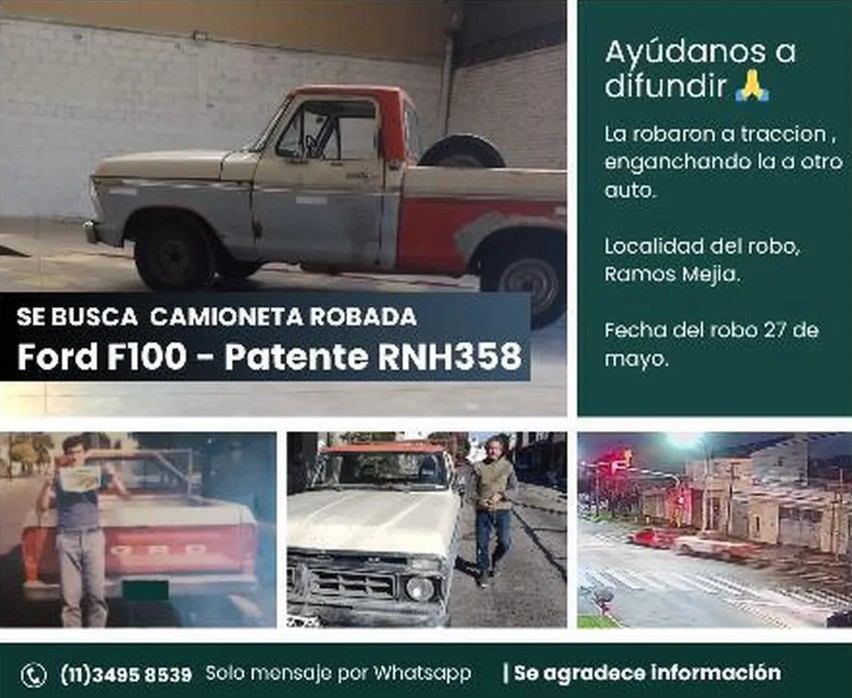 Antonio es albañil y desde la semana pasada no puede trabajar junto a su hijo en Ramos Mejía: le robaron su camioneta Ford F-100 y está desesperado por recuperarla.