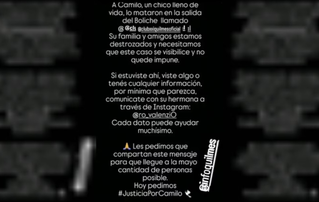 Camilo Isabella Valenzi murió en un boliche de la localidad bonaerense de Quilmes Oeste, y su familia denuncia que fue agredido dentro del local.