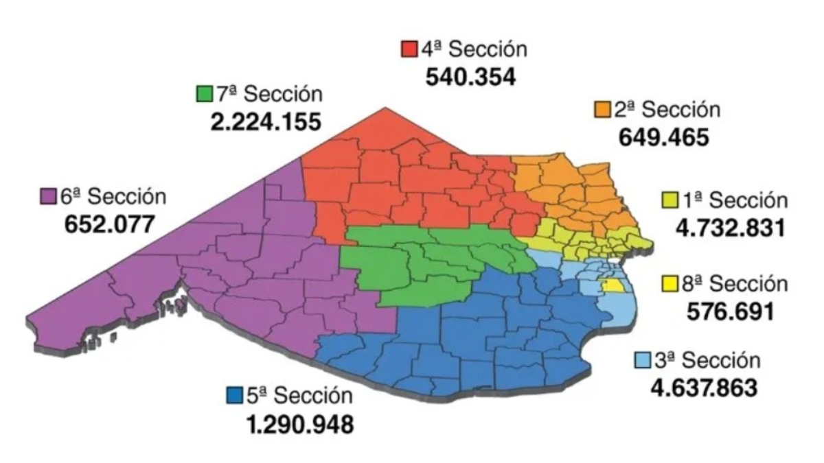 El mapa electoral de la provincia de Buenos Aires, con la cantidad de votantes en cada una de sus ocho secciones, donde se definirán las elecciones del próximo domingo 7 de septiembre.