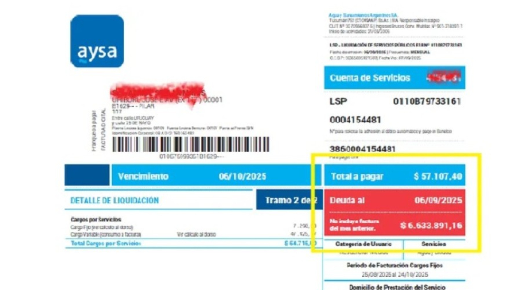 La factura récord de AySA para una vivienda: llegarón más de 6,6 millones de pesos a una pareja que vive sobre la Ruta 8.