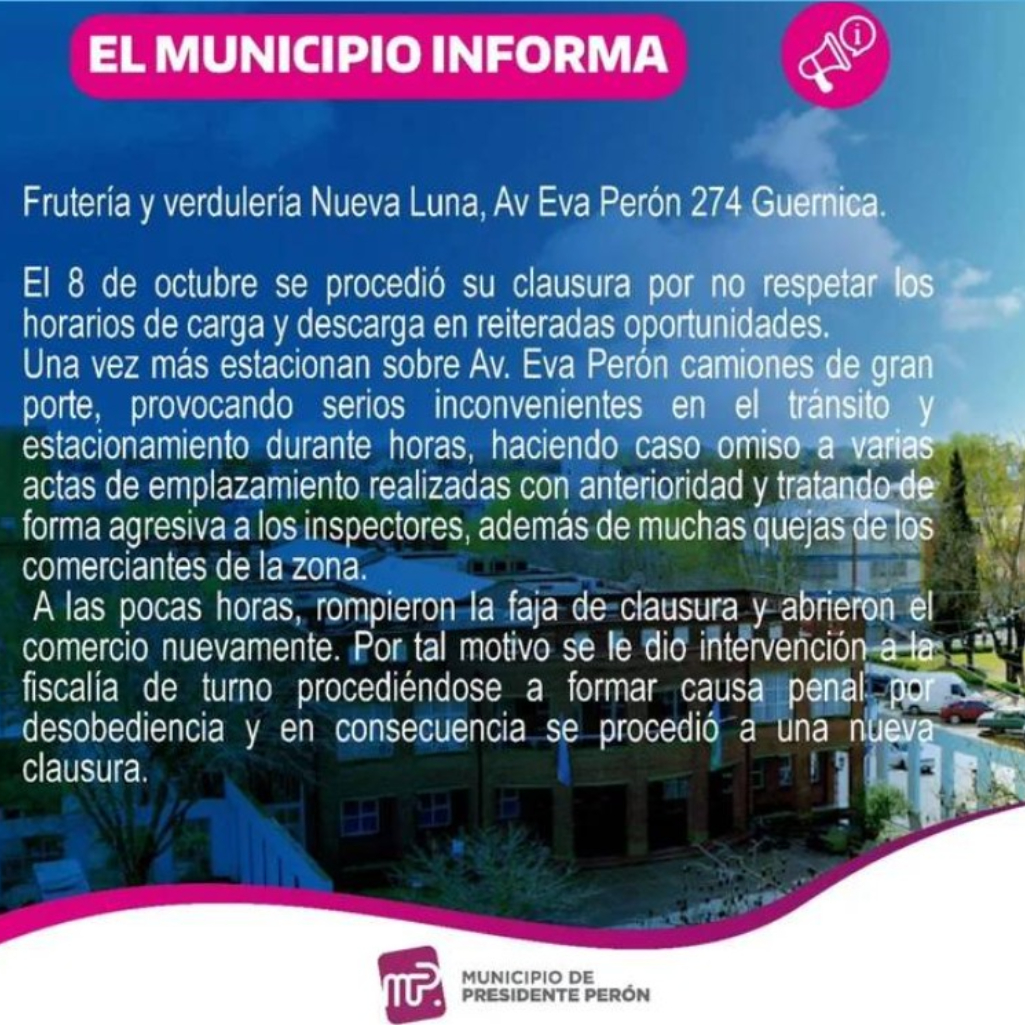 Furor en Instagram, la verdulería La Nueva Luna, en Avenida Eva Perón 274, Guernica, recibió un fuerte apoyo de vecinos y clientes tras su clausura.