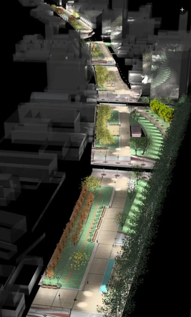 Un render del Corredor Verde que el gobierno de CABA quiere hacer sobre las vías del Tren Sarmiento.