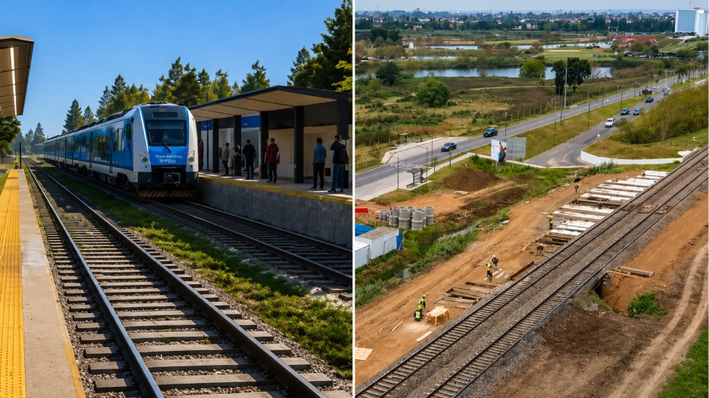 A la izquierda el render de cómo sería la estación Nordelta. A la derecha, la ubicación de lo que habría sido la parada.